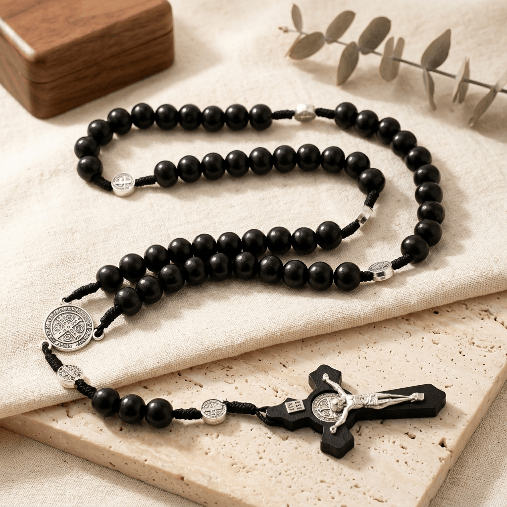 Chapelet en bois 10mm avec pendentif Vierge Marie et croix - Bijou religieux