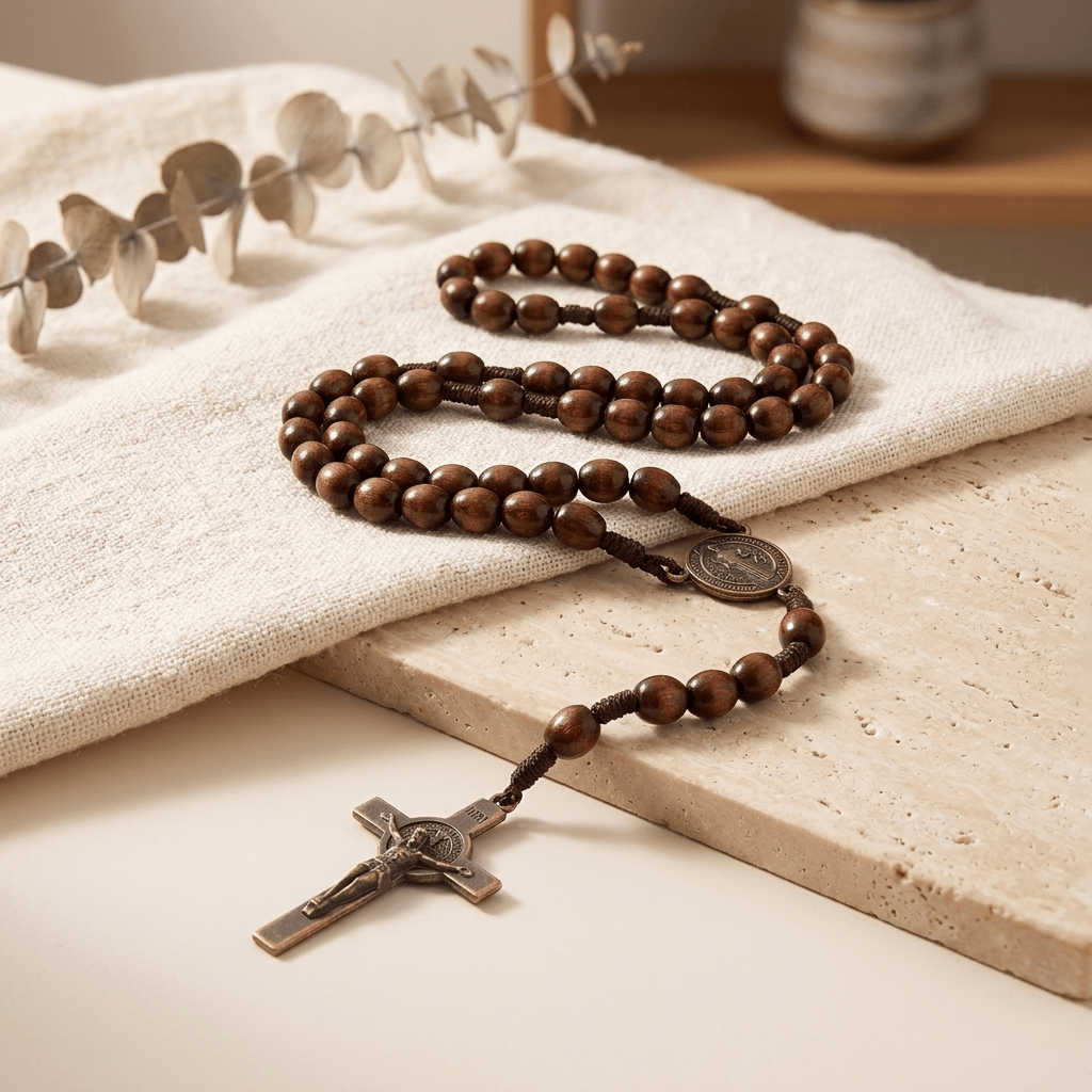 Collier Chapelet Bois Artisanale avec Croix