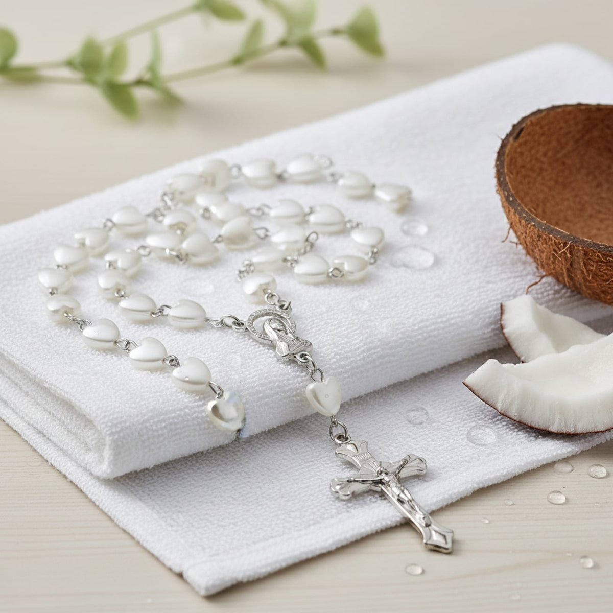 Collier Chapelet Cœur Blanc avec Pendentif Croix Vierge Marie