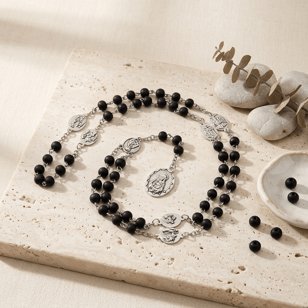 Collier Chapelet Vierge en Bois Noir & Rouge