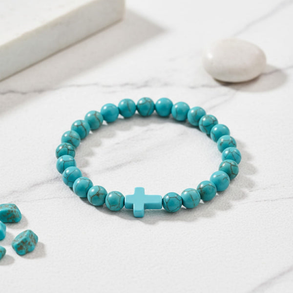 Bracelet Croix Turquoise Naturelle 8mm - Bijou Chétien