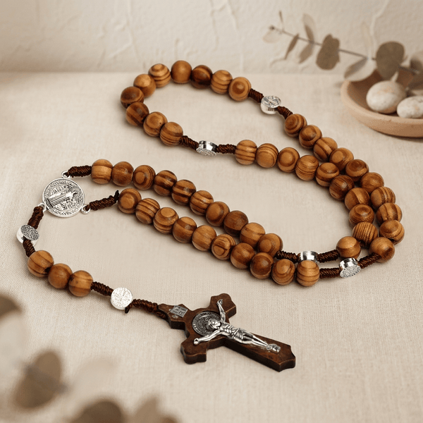 Chapelet en bois 10mm avec pendentif Vierge Marie et croix - Bijou religieux