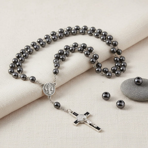 Chapelet en Hématite 6mm pour Homme et Femme - Collier de Prière Catholique avec Pendentif Croix