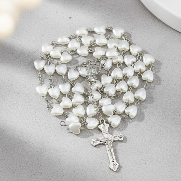Collier Chapelet Cœur Blanc avec Pendentif Croix Vierge Marie