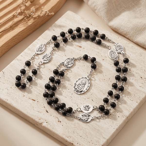 Collier Chapelet Vierge en Bois Noir & Rouge