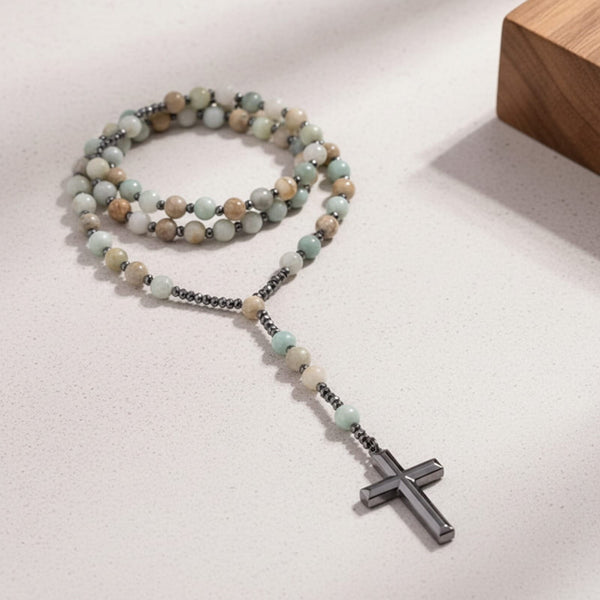 Collier de Prière Catholique Homme : Mala Perles Amazonite 8mm & Pendentif Croix Hématite